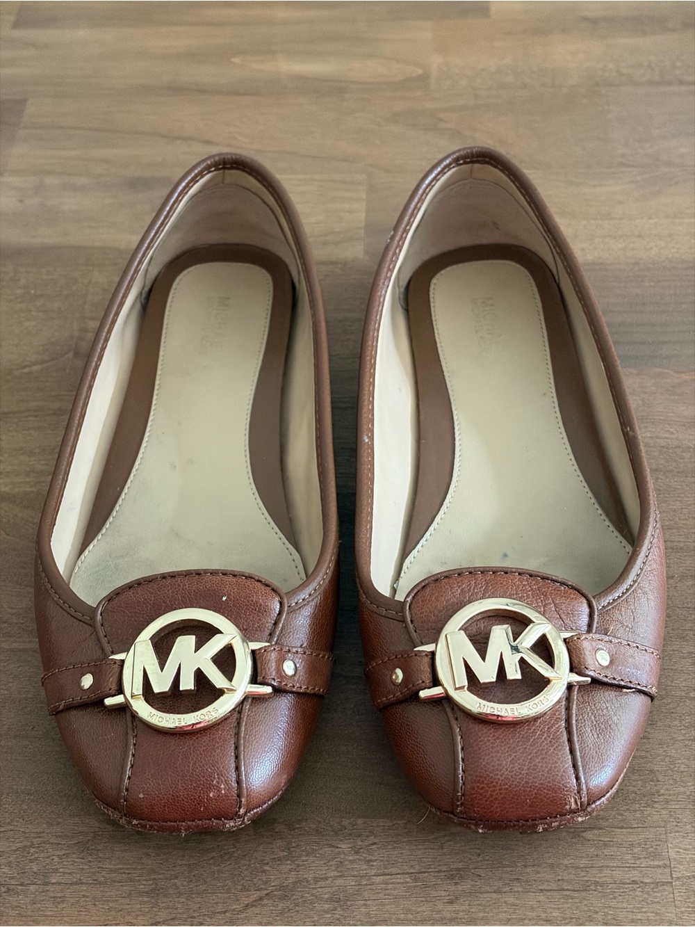 Michael Kors Fulton Moccasin Tan Leather Flats Gold MK Logo - Size 9M